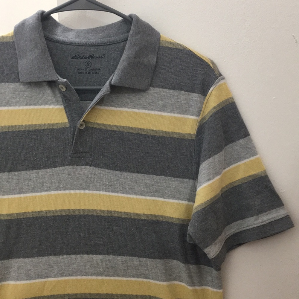 Eddie Bauer-Gray & Yellow Striped Shortsleeve Polo